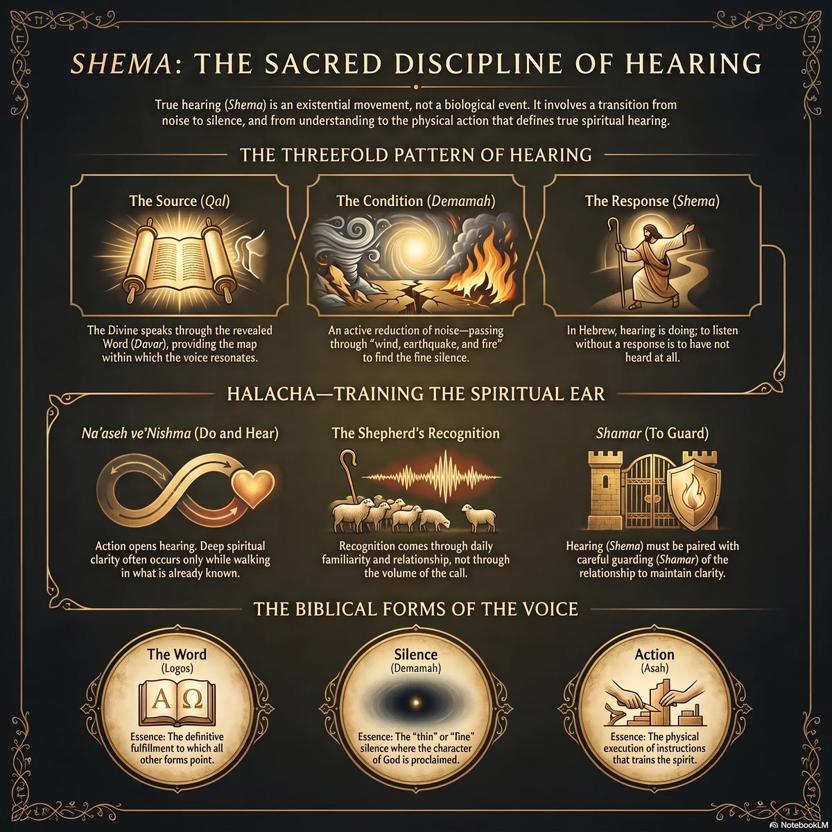 Overview of Shema as the sacred discipline of hearing: the threefold pattern of source, condition and response, the halacha of training the spiritual ear, and the biblical forms of the Word, silence and action.