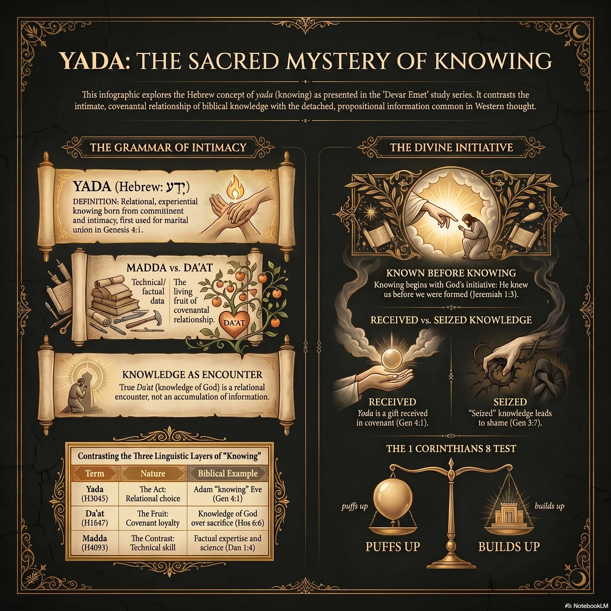 Overview of the sacred mystery of knowing: the grammar of intimacy with yada as relational, experiential knowing, madda versus da'at, the divine initiative of being known before knowing, and received versus seized knowledge tested by 1 Corinthians 8.