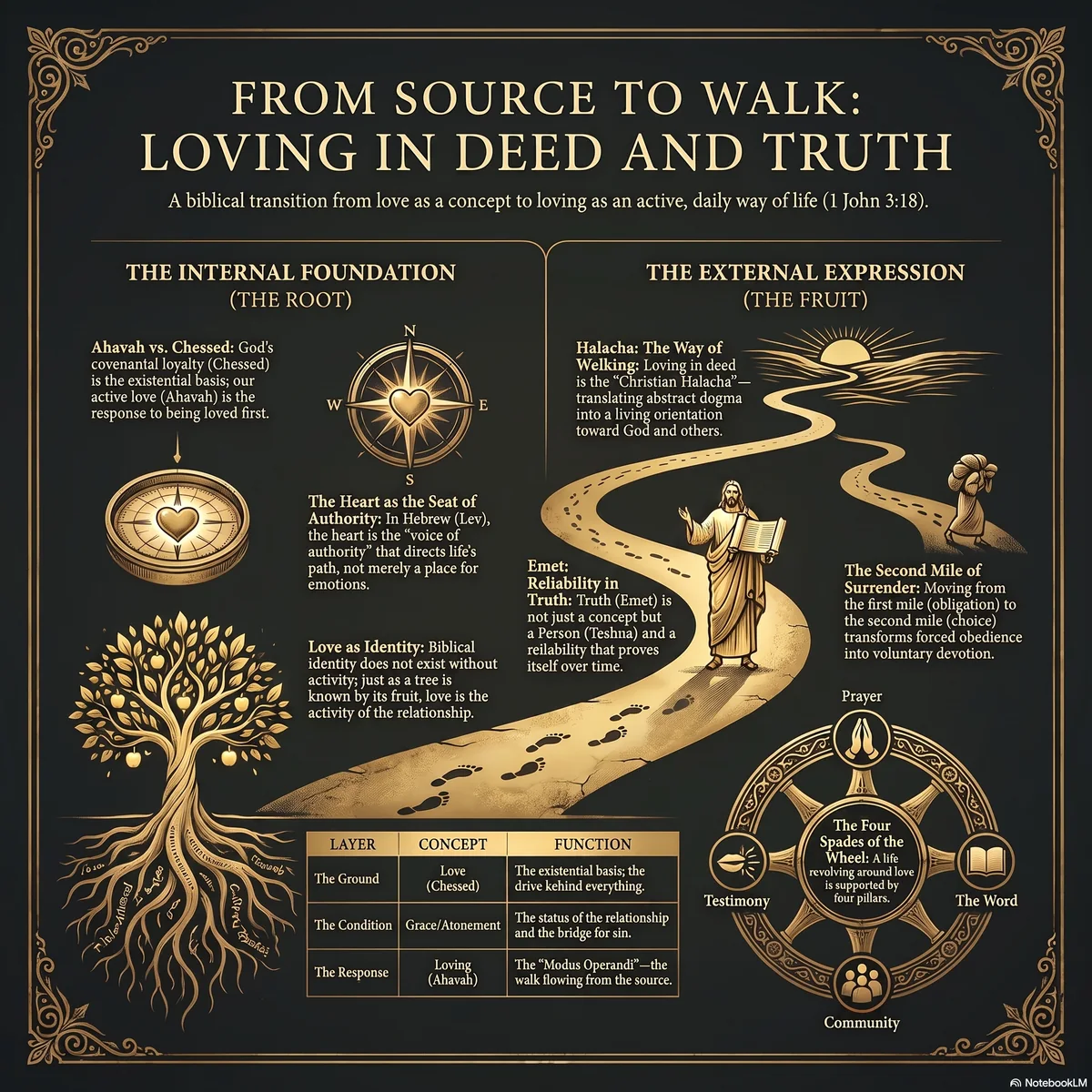 Overview of loving in deed and truth: the internal foundation of Ahavah versus Chessed and the heart as the seat of authority, and the external expression of Halacha as the way of walking — Emet as reliability, the second mile of surrender, and the four spokes of the wheel.