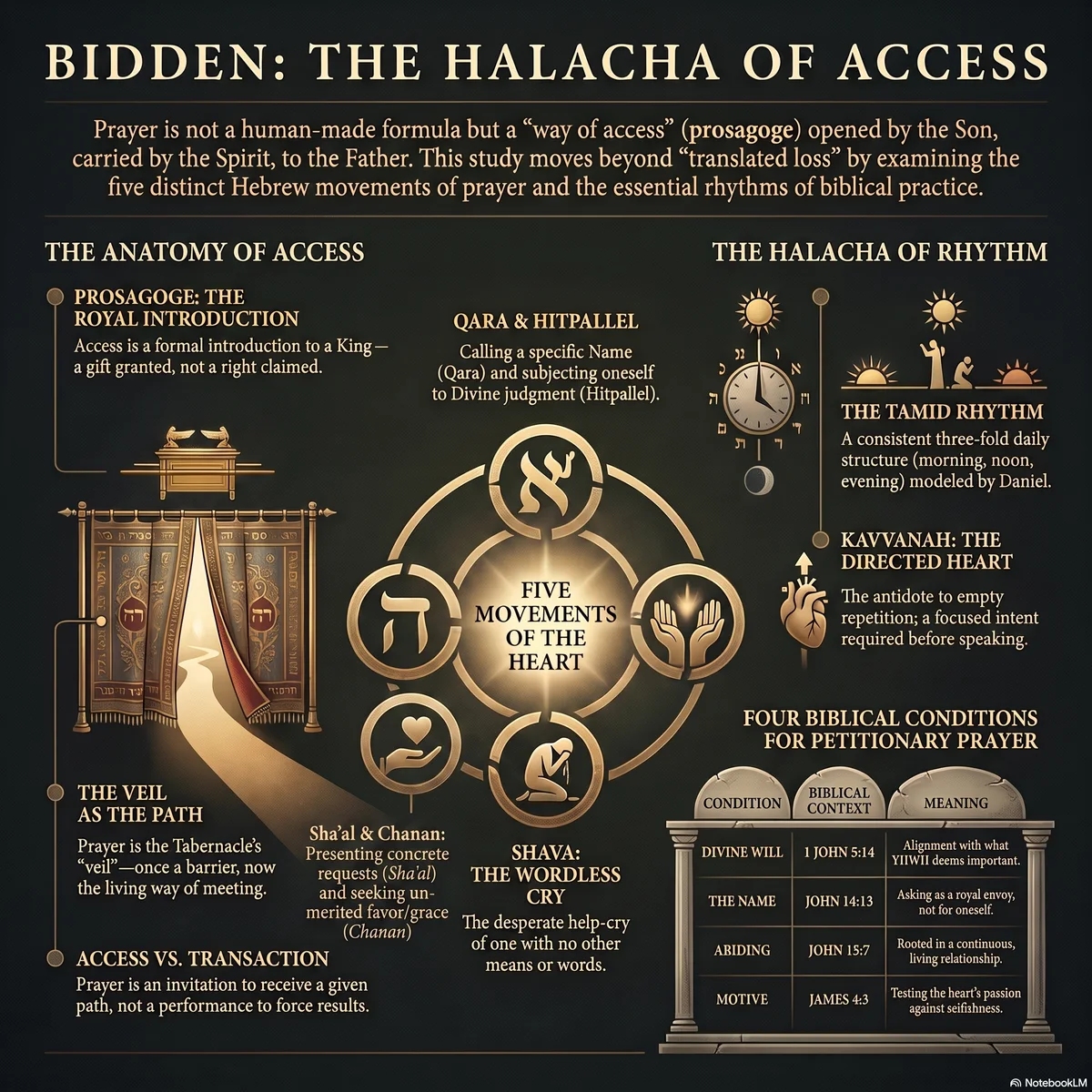Infographic showing prosagoge as royal introduction, the veil as the path of access, the five movements of the heart — Qara, Hitpallel, Sha'al, Chanan, Shava — the Tamid rhythm, kavvanah, and the four biblical conditions for petitionary prayer.