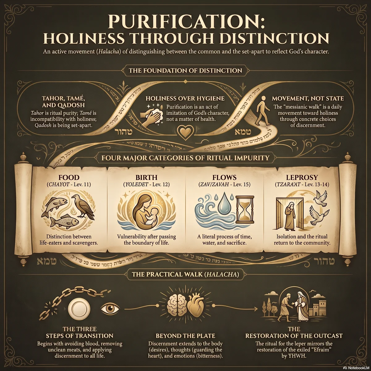 Overview of purification as holiness through distinction: tahor versus tamé, the four categories of ritual impurity (food, birth, flows, leprosy), the three steps of transition, and the restoration of the outcast.