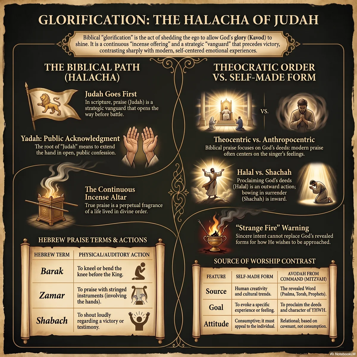 Overview of the halacha of Judah: the biblical path where Judah as Yadah (public acknowledgment) goes first, the theocentric versus anthropocentric contrast, Halal versus Shachah, the continuous incense altar, and the strange-fire warning against self-made worship.