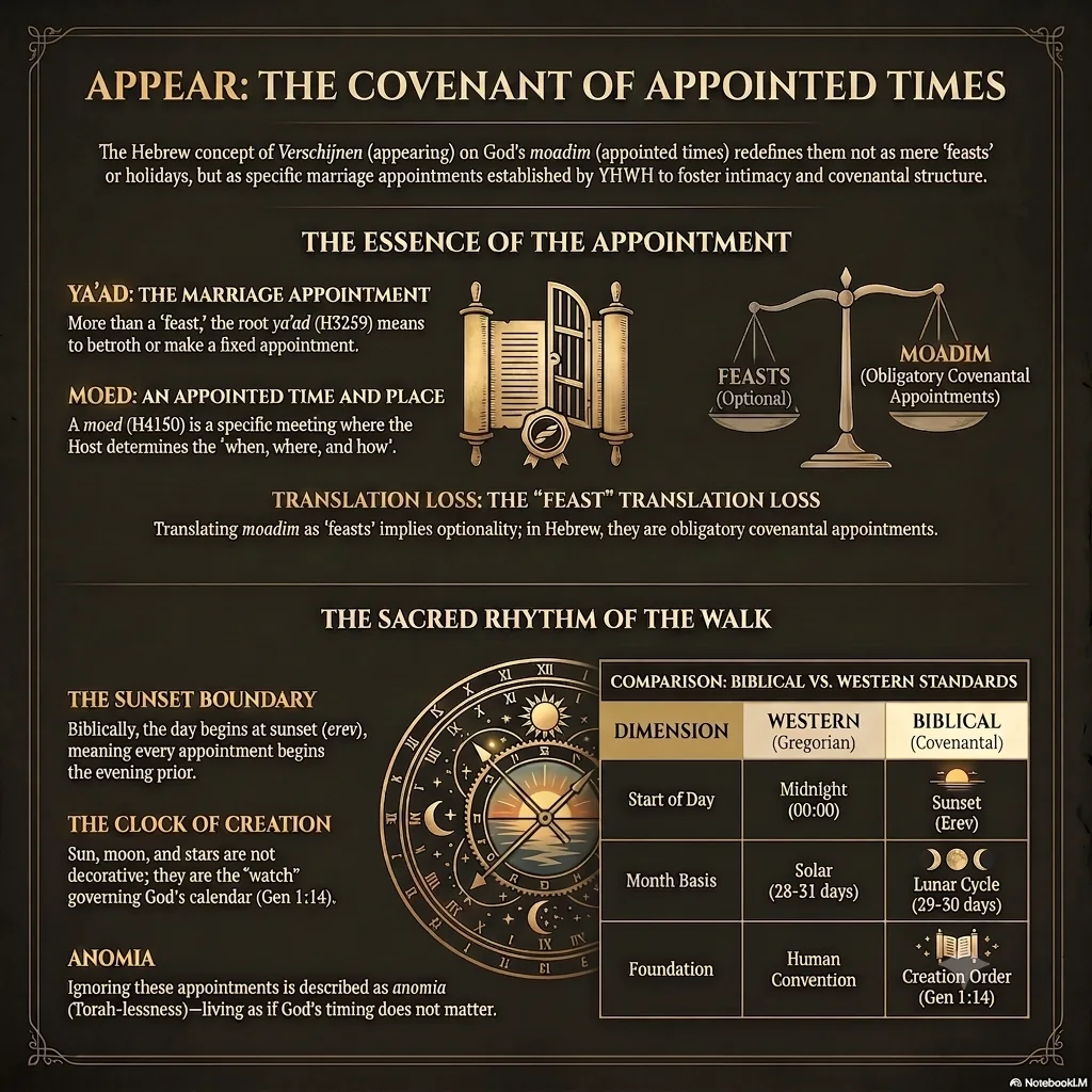Overview of appear as the covenant of appointed times: the essence of the appointment through ya'ad and moed, feasts versus moadim as obligatory covenant appointments, the sunset boundary, the clock of creation, and the biblical versus western calendar comparison.