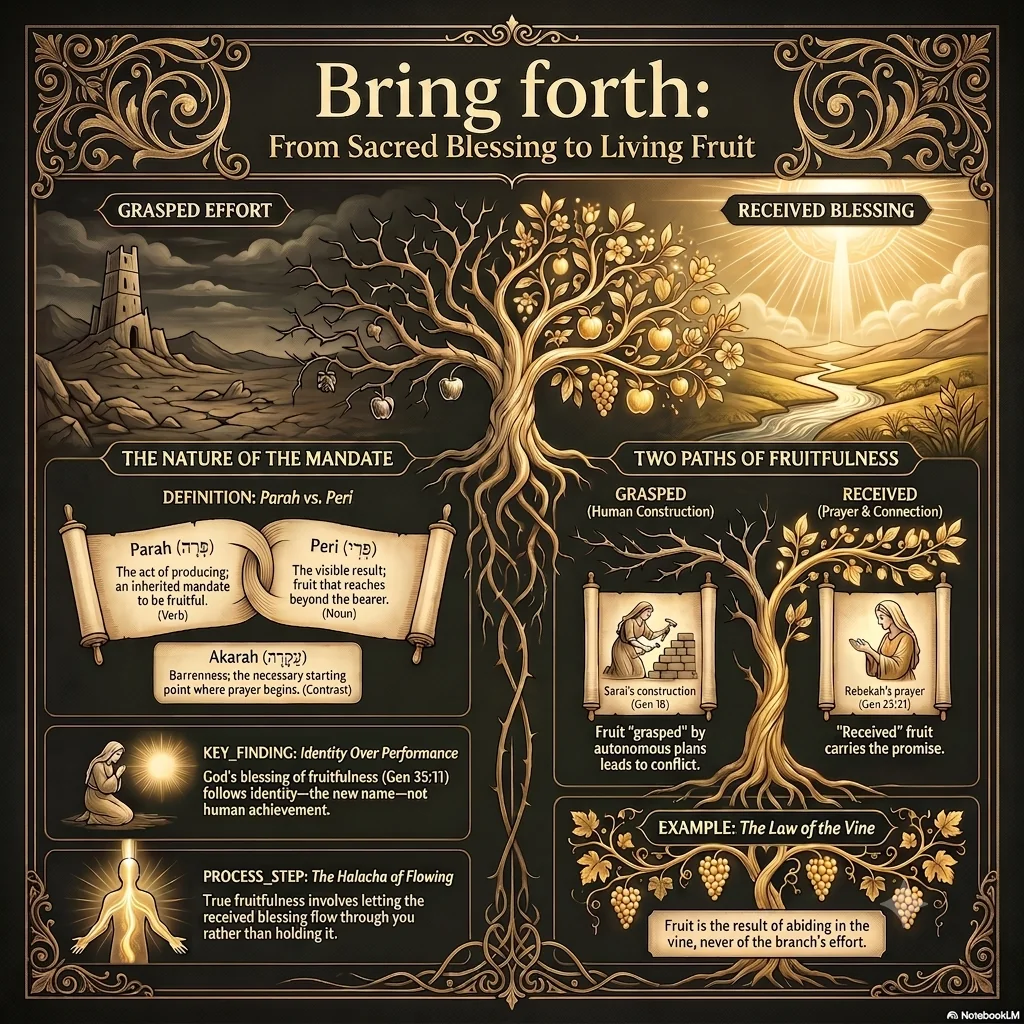 Overview of bring forth as the path from sacred blessing to living fruit: the nature of the mandate distinguishing parah as verb and peri as noun, the two paths of fruitfulness — grasped versus received — and the law of the vine.