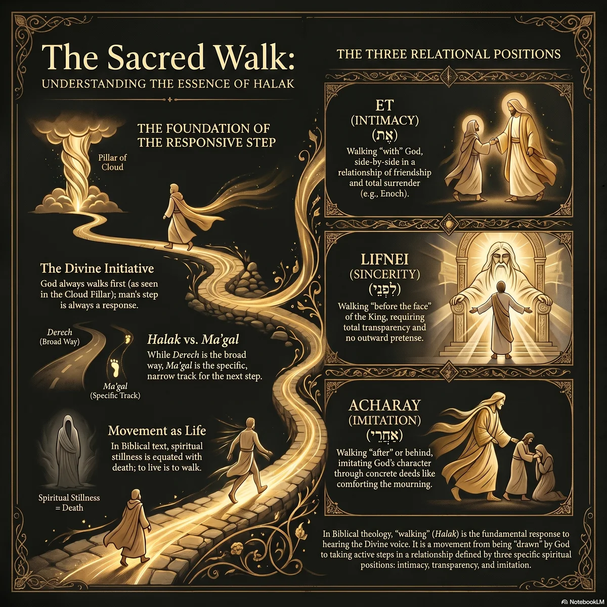 Overview of the sacred walk: the foundation of the responsive step, halak versus ma'gal, and the three relational positions et, lifnei and acharay as intimacy, sincerity and imitation.