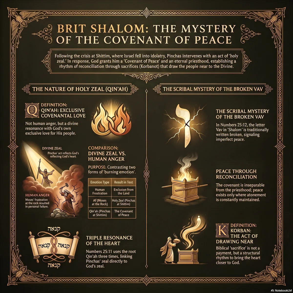 Overview of the Covenant of Peace: holy qin'ah as exclusive covenantal love contrasted with human anger, the scribal mystery of the broken Vav in Numbers 25:12, and korban as the rhythm of drawing near that sustains reconciliation.