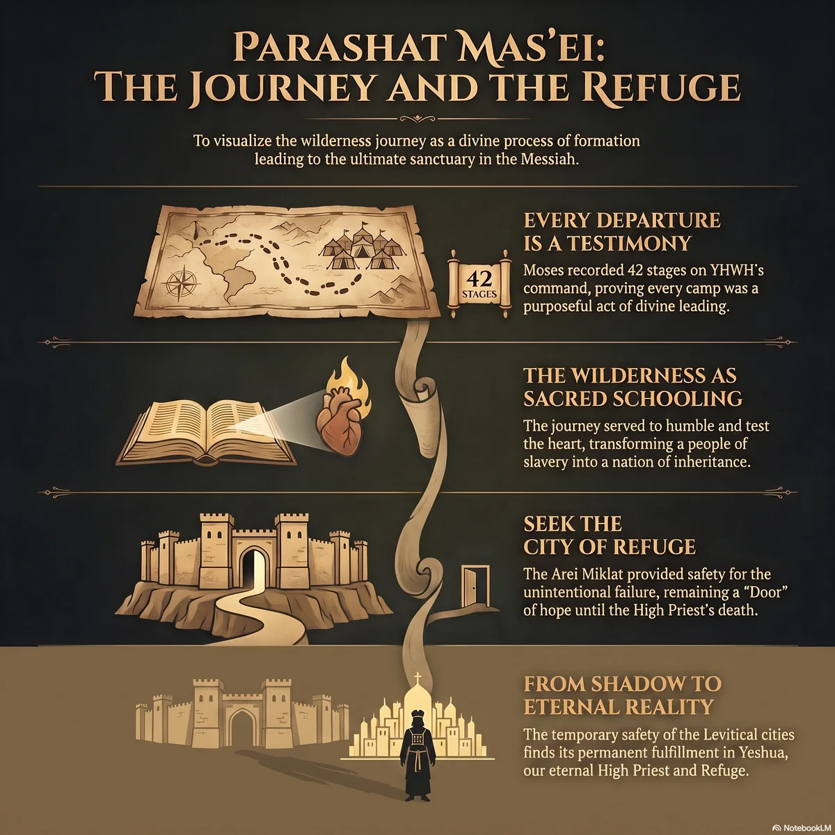 Overview of Parashat Mas'ei: the 42 travel stages as testimony of YHWH's guidance, the wilderness as sacred schooling for the heart, the city of refuge for unintentional failure, and its fulfillment in Yeshua as eternal High Priest and Refuge.