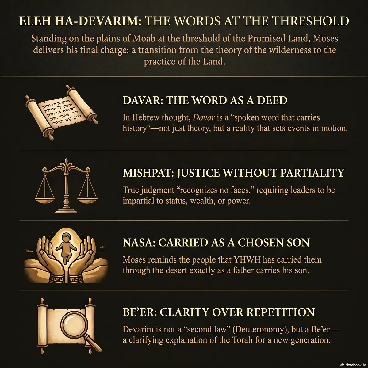 Infographic for Parashat Devarim: four Hebrew keywords at the threshold — Davar (the word as a deed), Mishpat (justice without partiality), Nasa (carried as a chosen son), and Be'er (clarity over repetition)