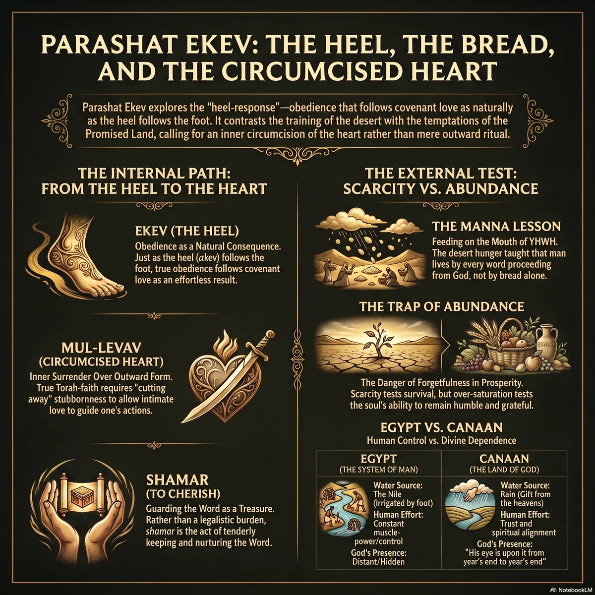 Overview of Parashat Ekev: the heel that follows covenant faithfulness (ekev), the wilderness test and the manna, the golden calf and the second tablets, and the circumcision of the heart (mul-levav) against the land that drinks the rain of heaven.