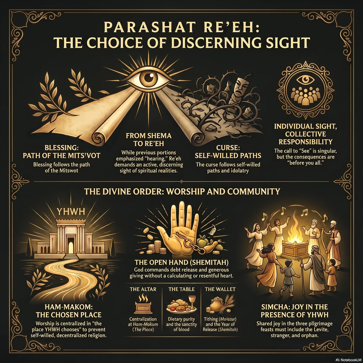 Infographic for Parashat Re'eh: an eye watching over a forked path between blessing — a radiant altar with a Torah scroll and Ham-Makom — and curse — a cracked idol; below, three panels on the table and the open hand, the year of release, and the shared joy of the pilgrimage feasts.