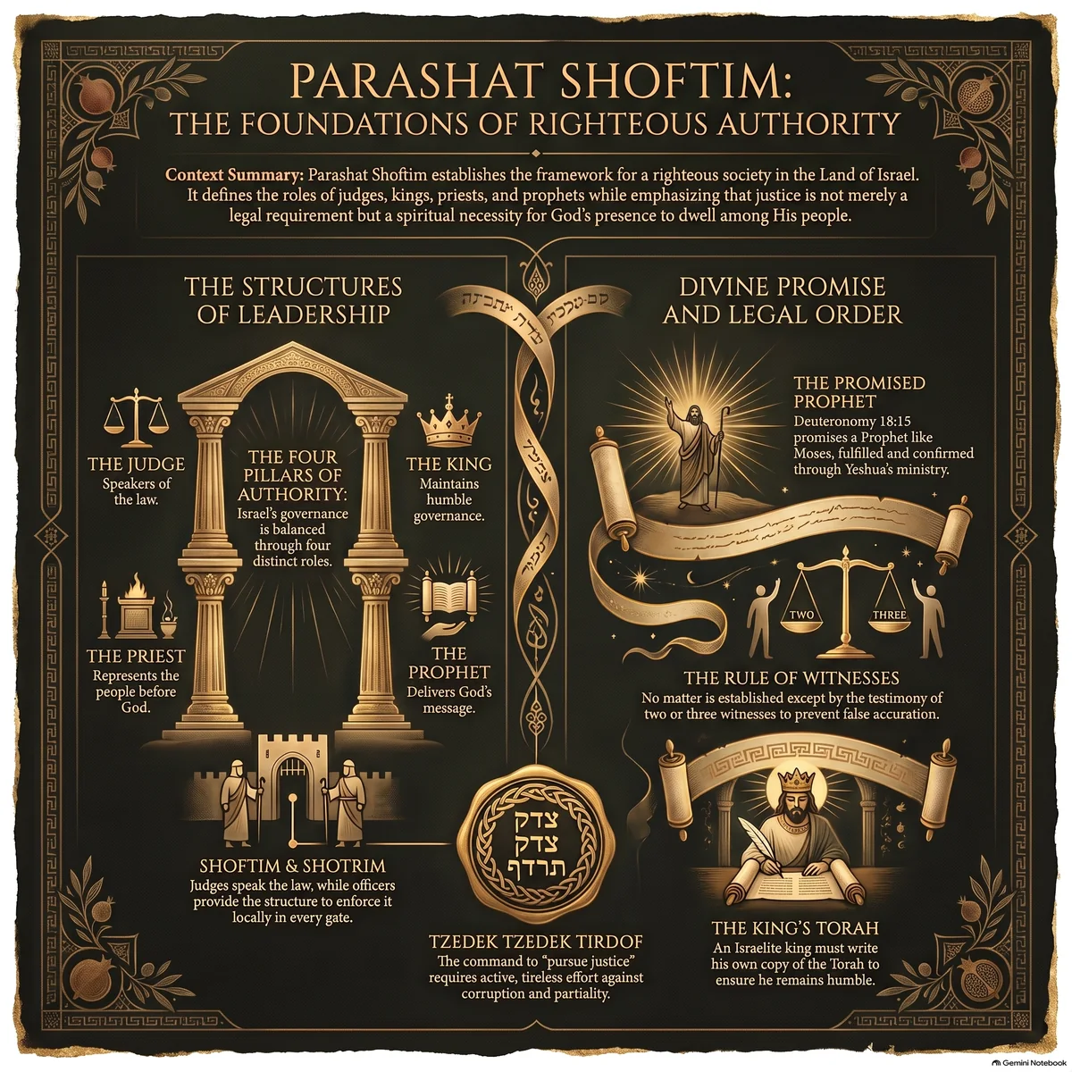Infographic for Parashat Shoftim: the four pillars of authority (judge, king, priest, prophet) supporting a temple gate; at center the Tzedek Tzedek Tirdof seal; at right the promised Prophet, the rule of two-or-three witnesses, and the king writing his own Torah scroll.