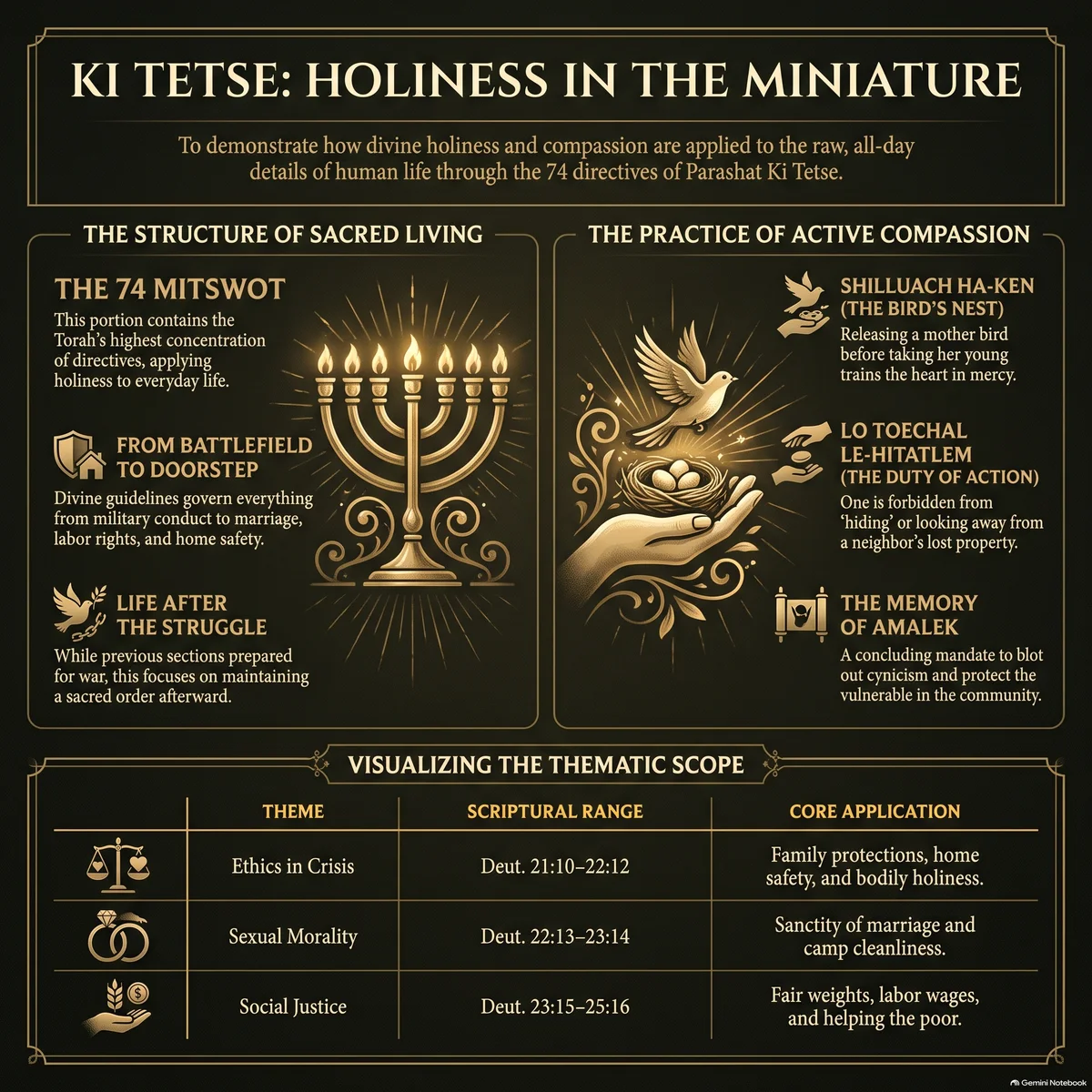 Infographic for Parashat Ki Tetse: mercy in the smallest details — the captive, the parapet against bloodguilt, Shilluach ha-Ken, honest weights, and the memory of Amalek.
