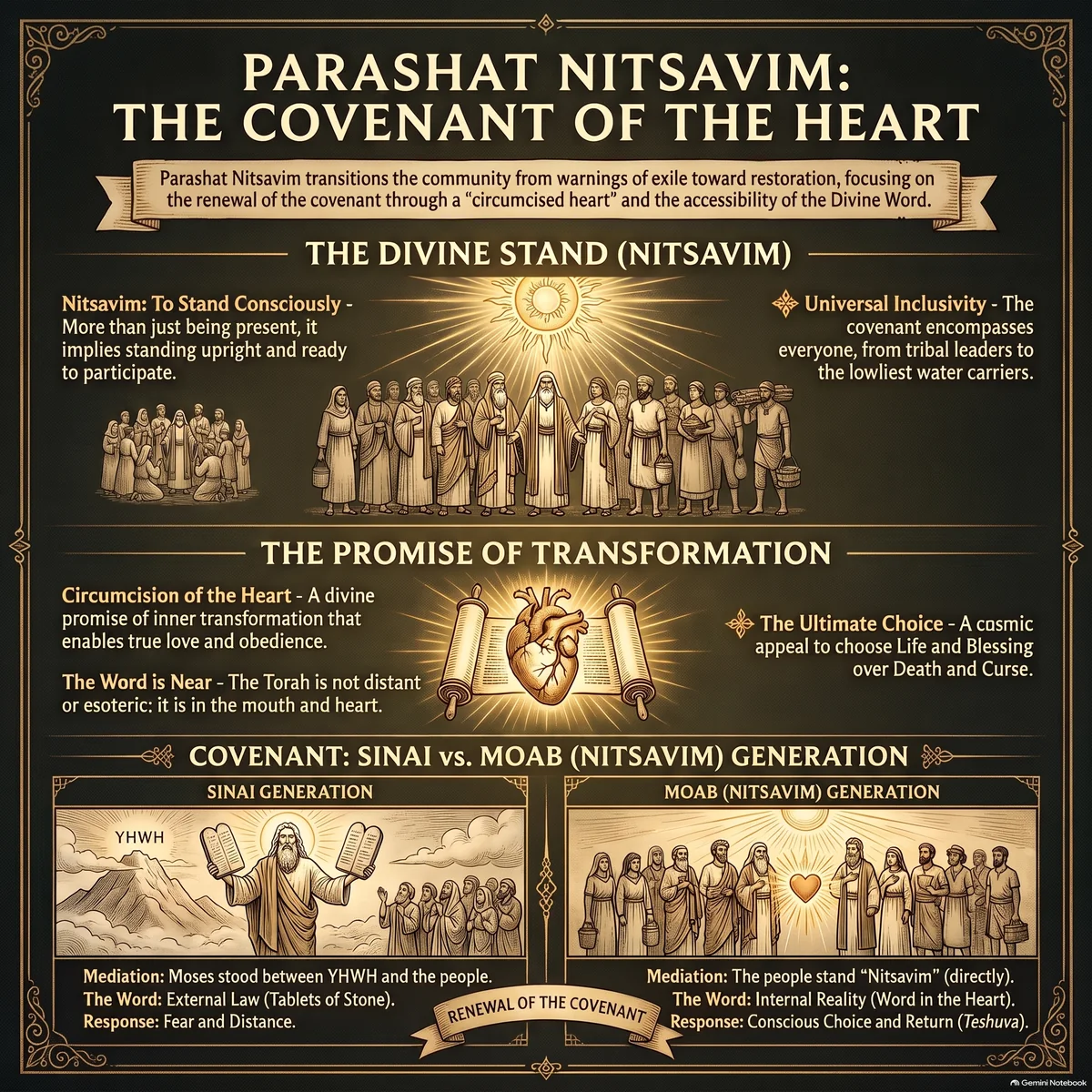 Infographic for Parashat Nitsavim: the covenant of the heart, the divine stand of Nitsavim, universal inclusivity from tribal leaders to water-carriers, the promise of transformation, and the comparison between the Sinai and Moab generations.