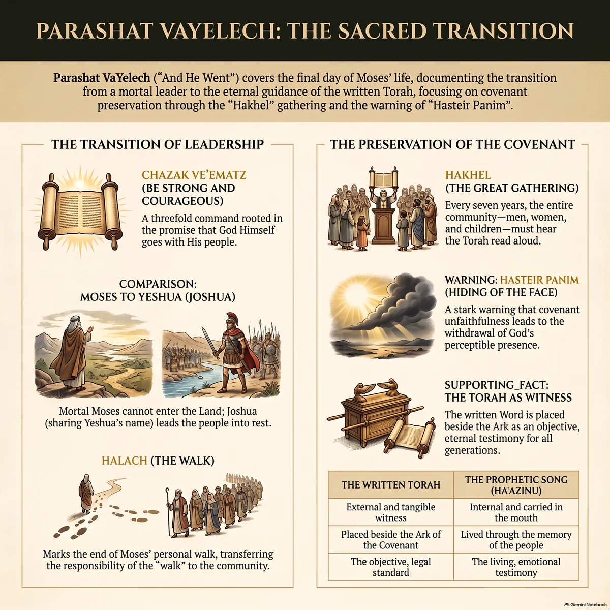 Infographic for Parashat VaYelech: the transition of leadership through Chazak Ve'ematz, the comparison of Moses to Joshua/Yeshua, the preservation of the covenant through Hakhel, the warning of Hasteir Panim, and the Torah placed as witness beside the Ark.