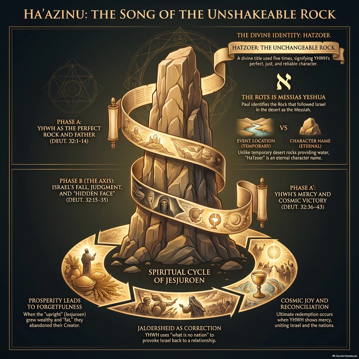 Infographic on Parashat Ha'azinu: the Unshakable Rock, Jeshurun growing fat, the judgment and Hasteir Panim, and the jealousy-provoking love that finally brings the nations and Israel together.