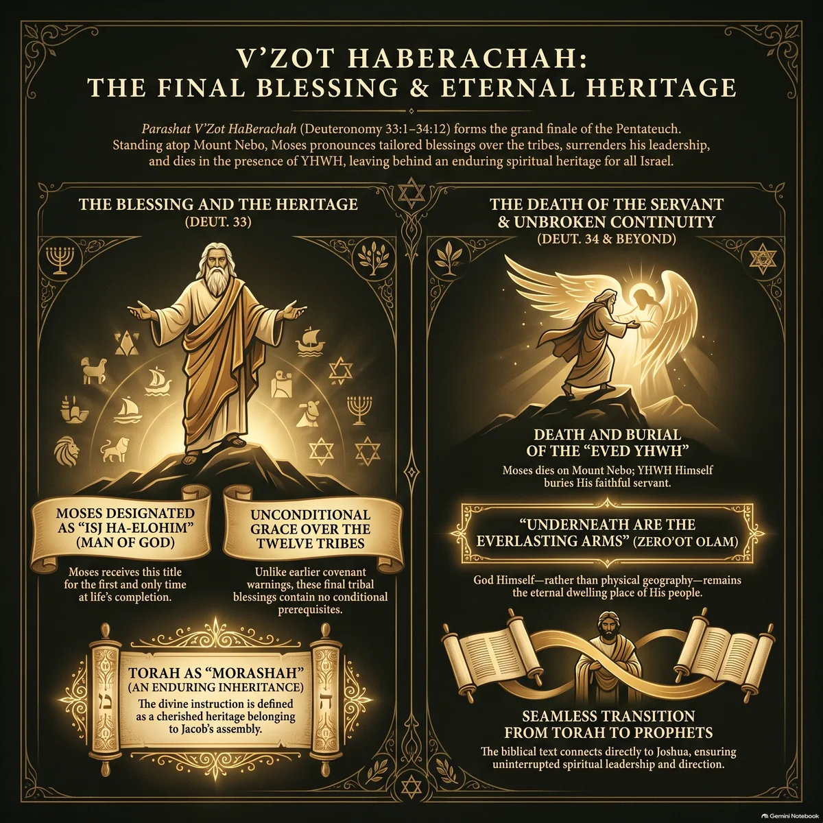 Infographic on Parashat V'Zot HaBerachah in two columns: on the left Moses blessing the tribes from the mountain and the Torah scroll as Jacob's inheritance; on the right the death of the servant on the mountaintop, the everlasting arms, and the scrolls linking Torah to the Prophets.