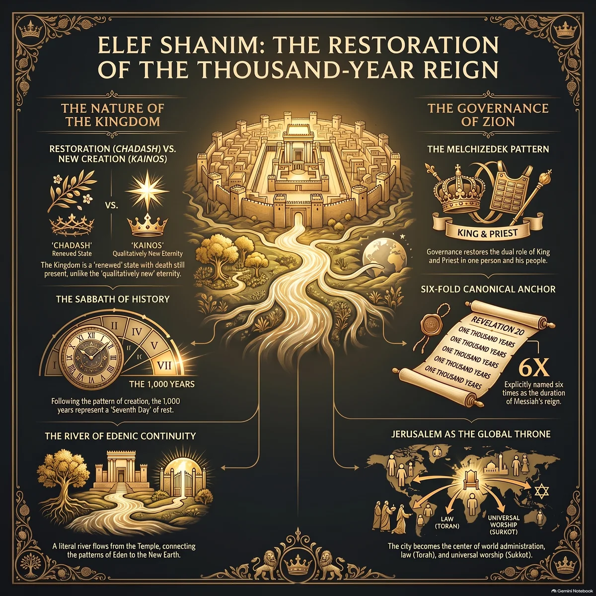 Infographic: the Edenic river from Eden to the Temple to the New Earth, the Melchizedek pattern of king and priest, and the sixfold canonical anchor of Revelation 20
