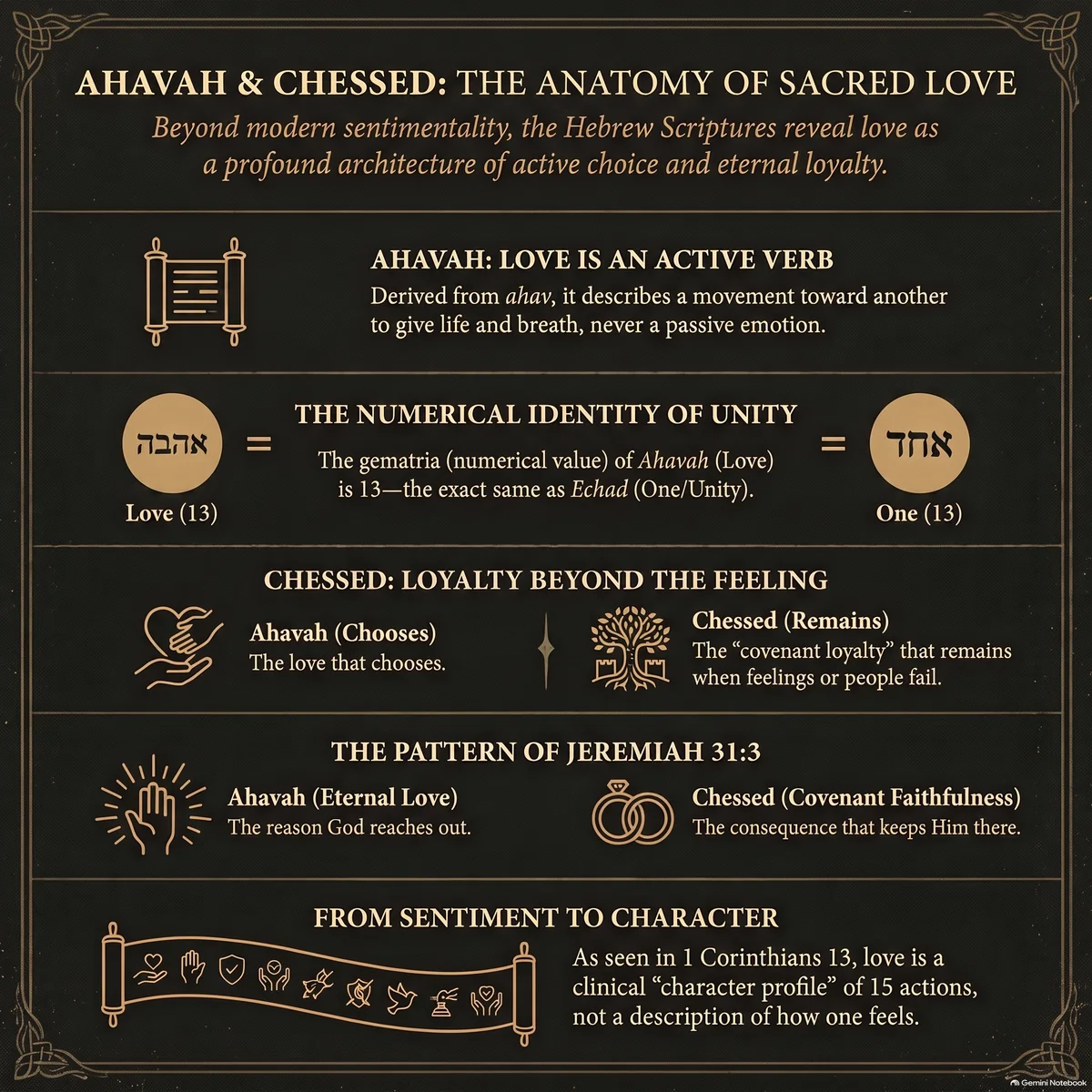 Infographic showing the Hebrew letters of Ahavah and Chessed, their gematria values, and the pictographic meaning of Aleph, Heh, and Bet.