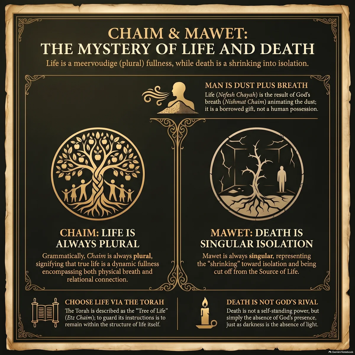 Chaim and Mawet: the mystery of life and death — life as grammatically plural and divinely connected versus death as singular isolation, man as the union of dust and the breath of life, the Torah as the restored Tree of Life, and the ultimate triumph of Chaim over Mawet.