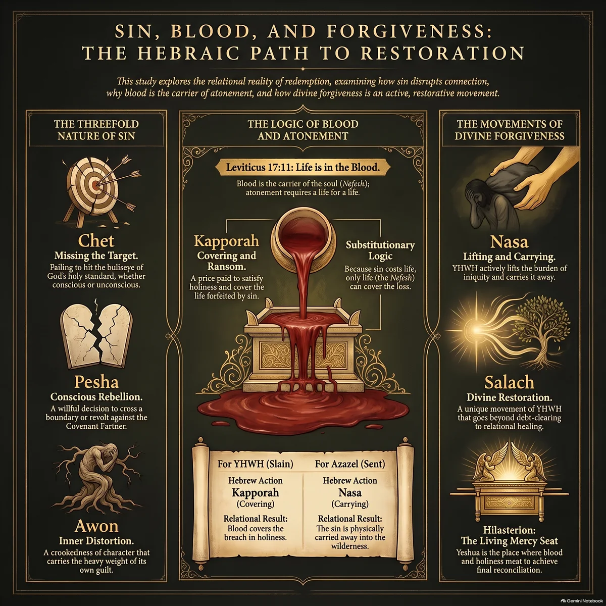 Visual overview of the study: the nature of sin as missing the mark, blood as the carrier of life and means of atonement, and the restorative movement of forgiveness — from the fence of Chet through the altar to the torn veil and the sign of Tav.